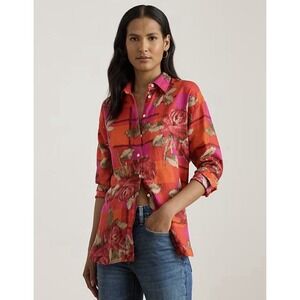 RALPH LAUREN Relaxed Fit Floral Linen Shirt Size Large Luxury Bold Pink Orange
